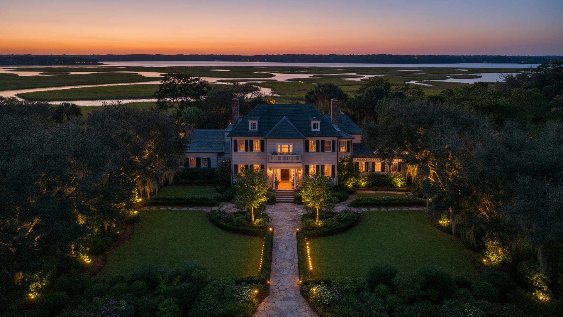 Aerial view of a Lowcountry estate at dusk