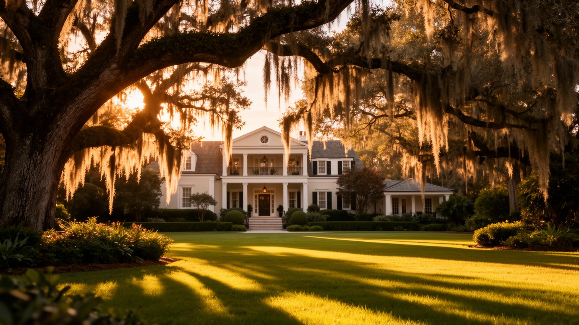 Charleston Lowcountry estate at golden hour with Spanish moss draped over a live oak